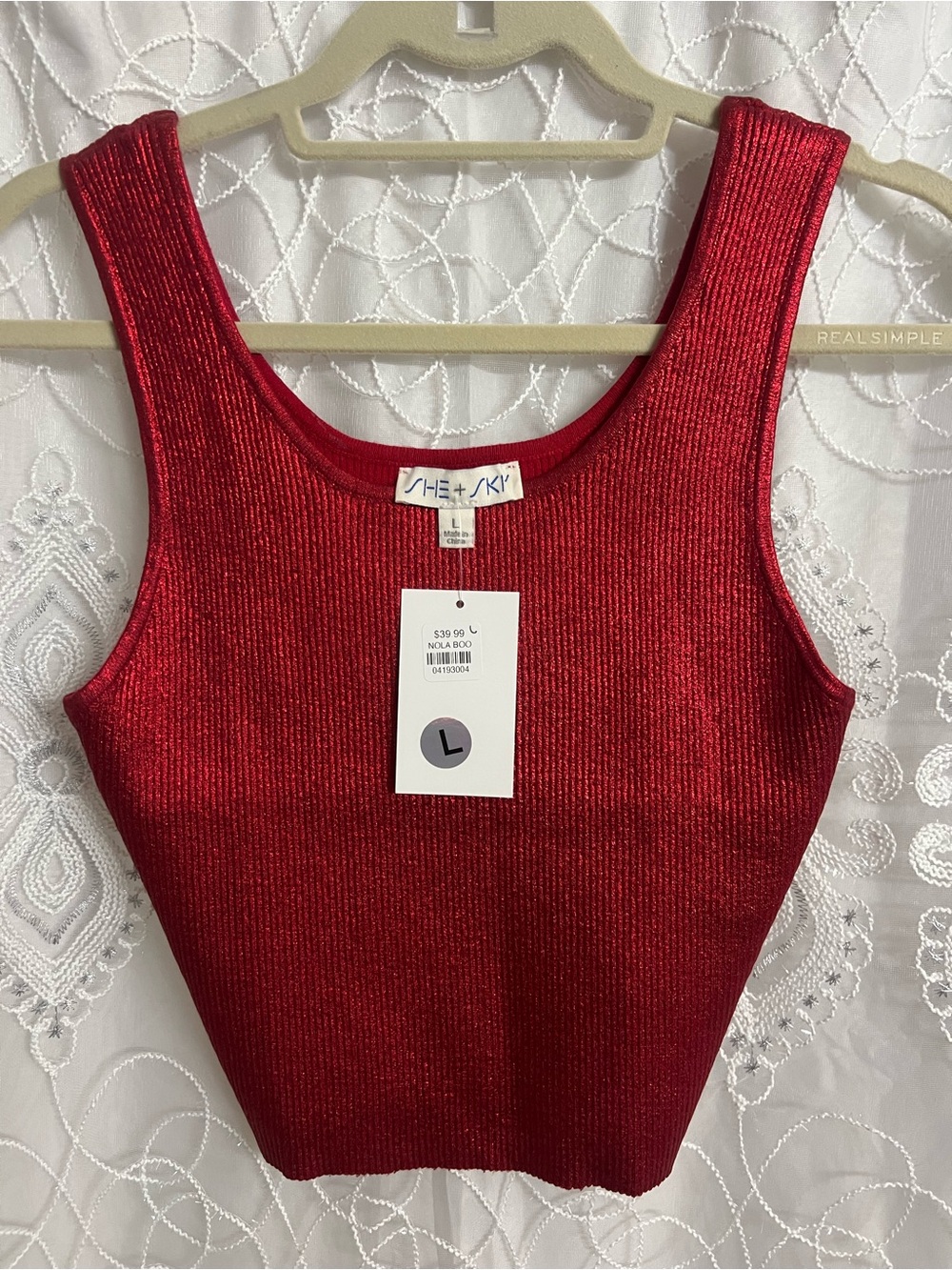 She + Sky Shimmery Red Ribbed Tank Top